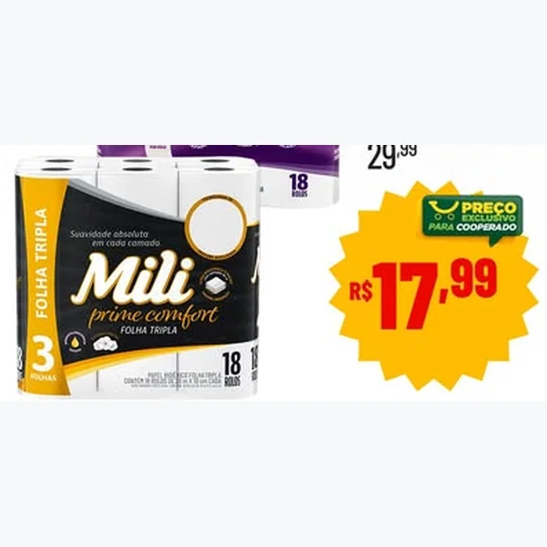 Recorte do encarte de Papel Higiênico Prime Comfort Folha Tripla Mili 18 un × 20 un
