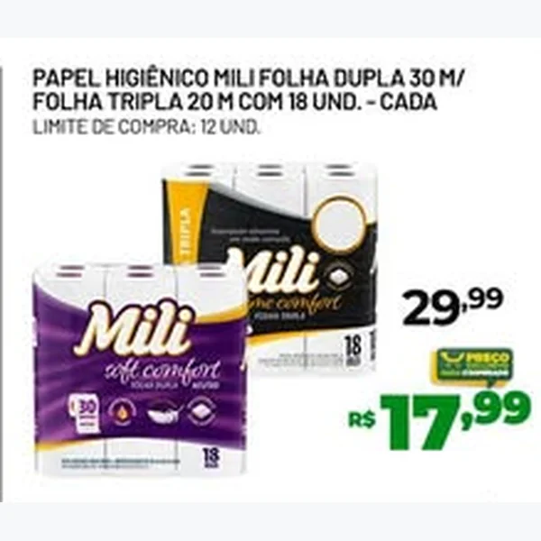 Papel Higiênico Folha Dupla Mili 18 un × 30 un