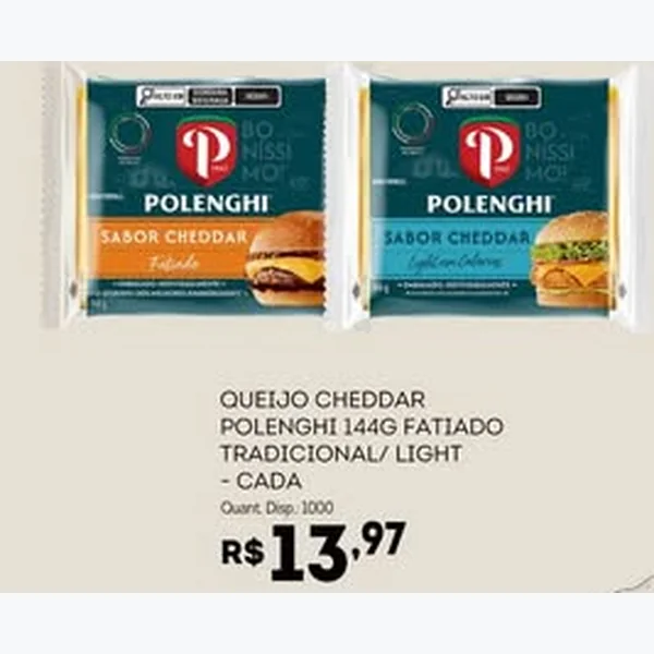 Recorte do encarte de Queijo Cheddar Fatiado Light Polenghi 144 g