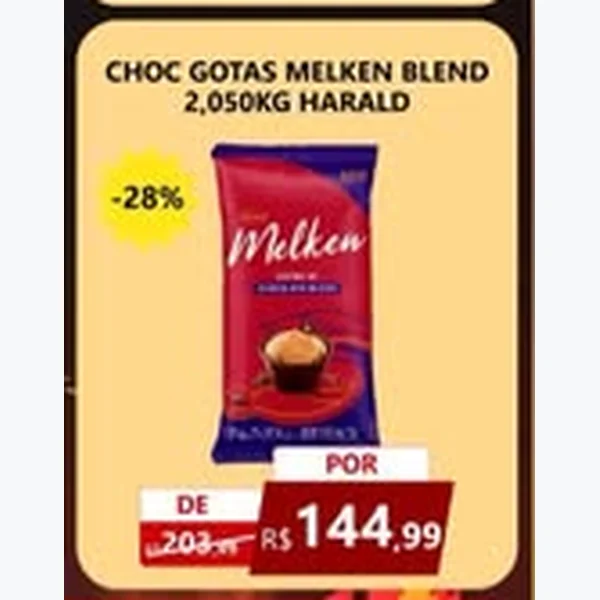 Recorte do encarte de Chocolate Gotas Melken Blend Harald 2,05 kg