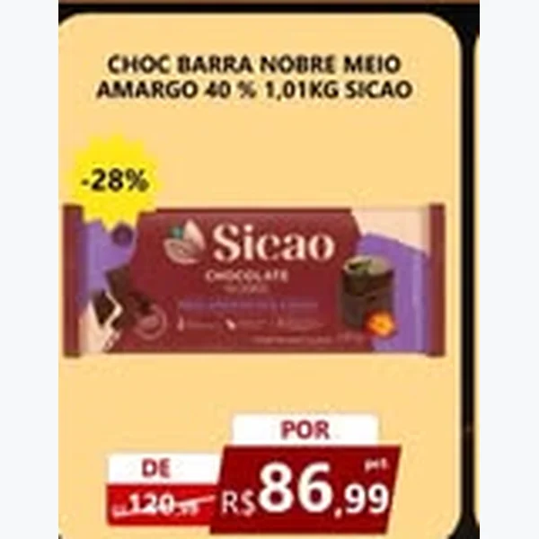 Chocolate Barra Nobre Meio Amargo 40% Sicao 1,01 kg