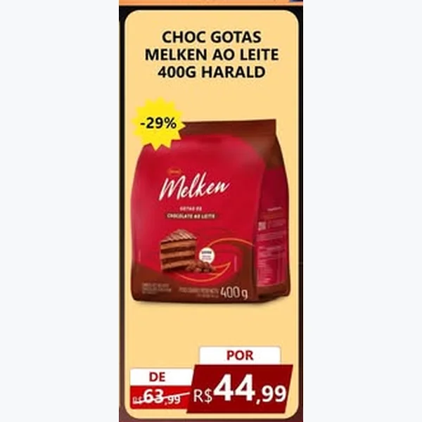 Recorte do encarte de Chocolate Gotas ao Leite Harald Melken 400 g