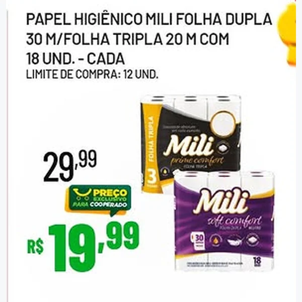 Recorte do encarte de Papel Higiênico Folha Dupla Mili 18 un × 30 un