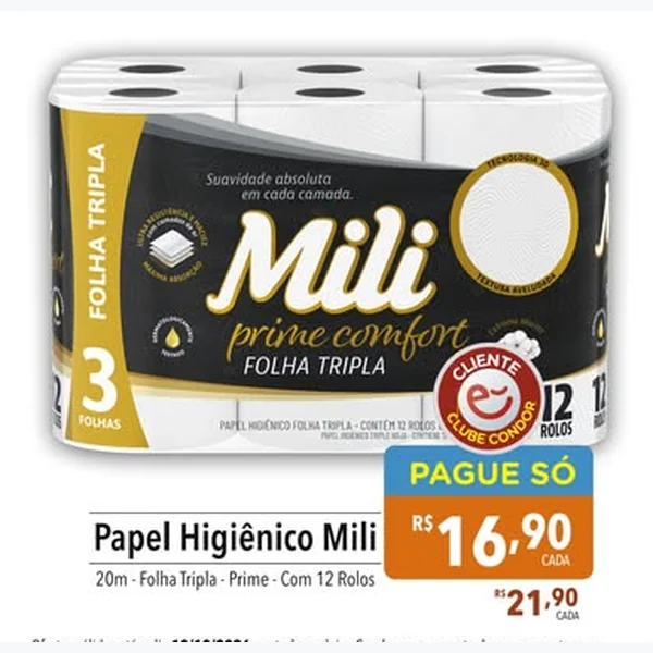 Recorte do encarte de Papel Higiênico Prime Comfort Folha Tripla Mili 12 un × 20 un