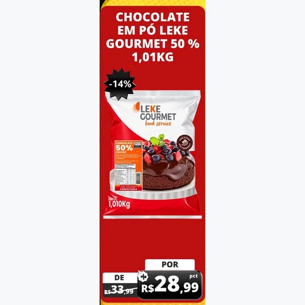 Recorte do encarte de Chocolate em Pó Gourmet 50% Leke 1,01 kg