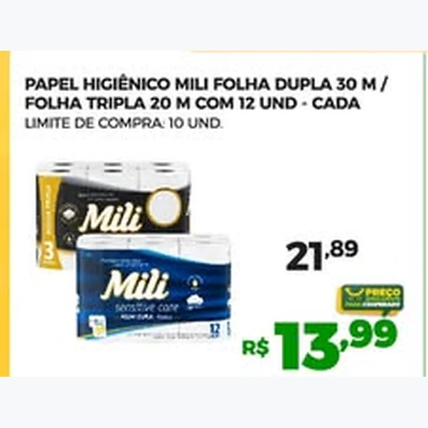 Recorte do encarte de Papel Higiênico Folha Dupla Mili 12 un × 30 un