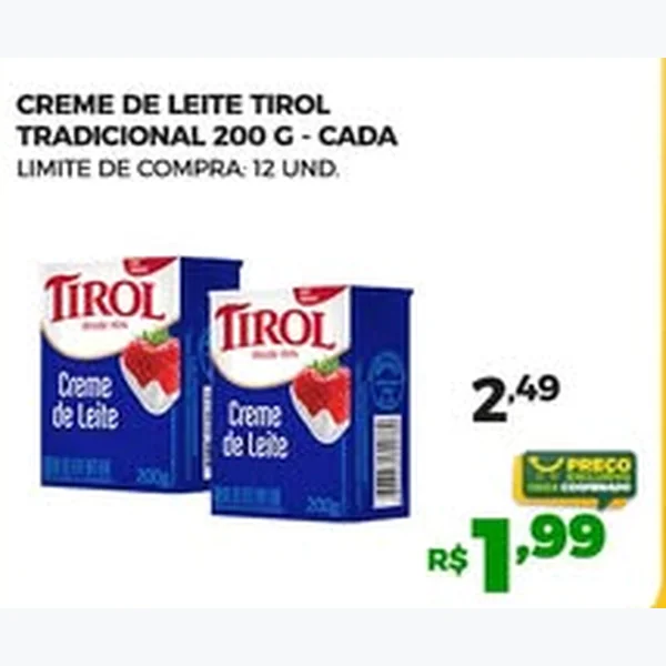 Recorte do encarte de Creme de Leite Tradicional Tirol 200 g