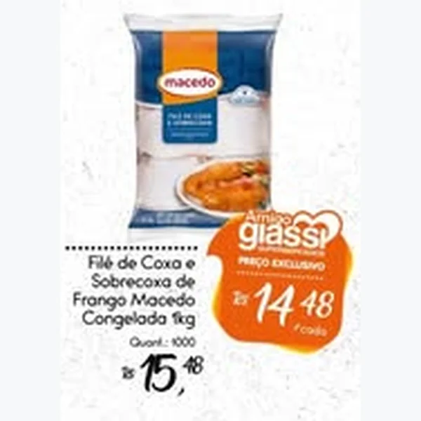Recorte do encarte de Filé de Coxa e Sobrecoxa de Frango Congelada Macedo 1 kg