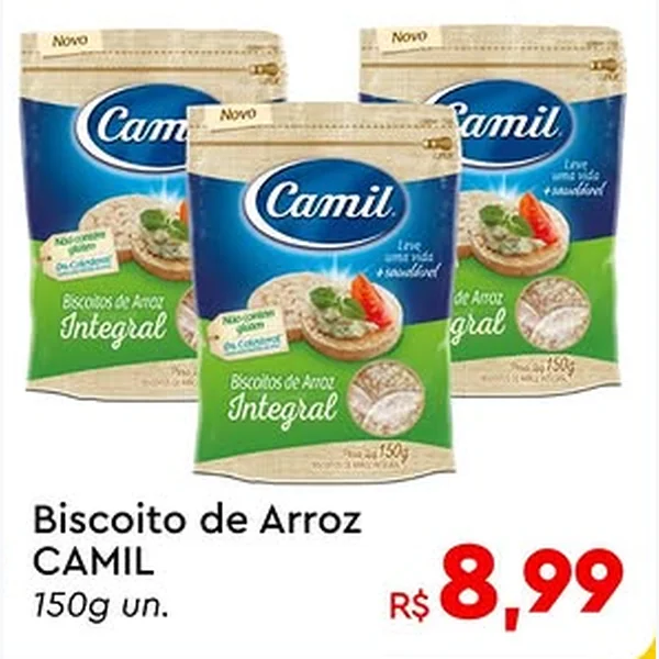 Recorte do encarte de Biscoito de Arroz Integral Camil 150 g