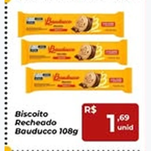 Recorte do encarte de Biscoito Recheado Bauducco 108 g