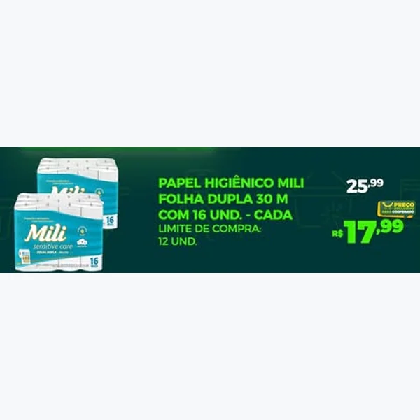 Recorte do encarte de Papel Higiênico Folha Dupla Mili 16 un × 30 un