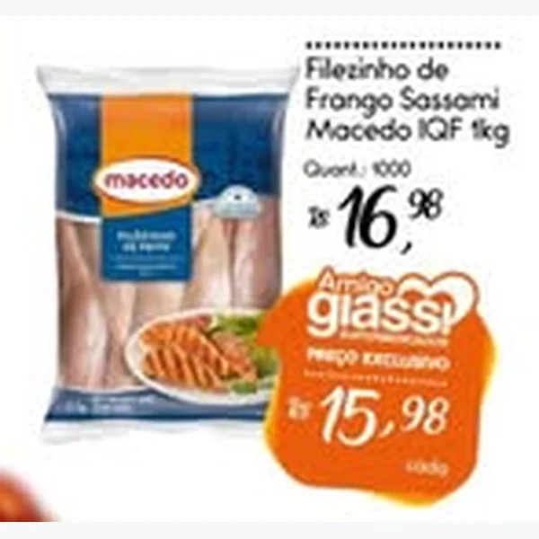 Recorte do encarte de Filézinho de Frango Sassami Iqf Macedo 1 kg