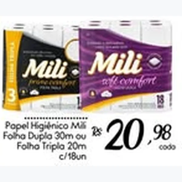 Recorte do encarte de Papel Higiênico Folha Dupla Mili 18 un × 30 un