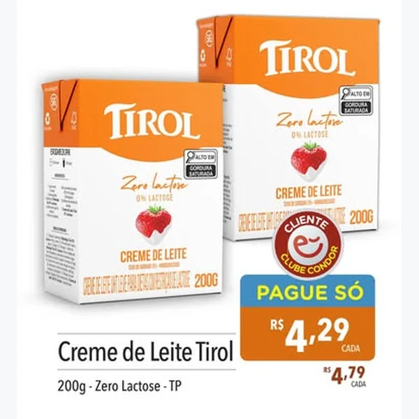 Recorte do encarte de Creme de Leite Zero Lactose Tirol 200 g