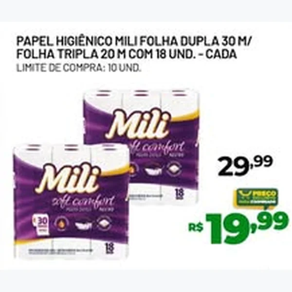 Papel Higiênico Folha Dupla Mili 18 un × 30 un
