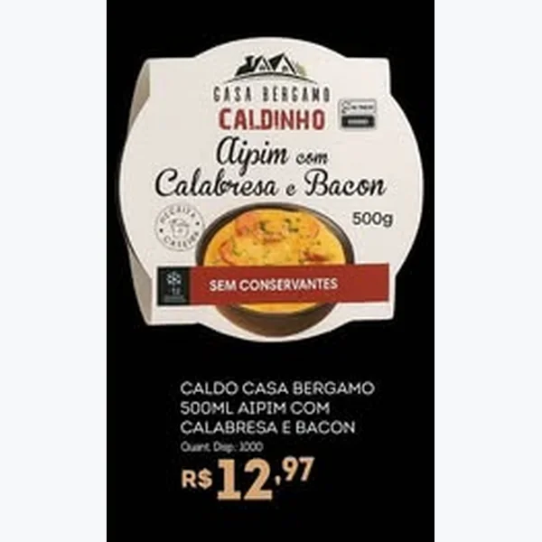 Recorte do encarte de Caldinho Aipim com Calabresa e Bacon Casa Bergamo 500 g