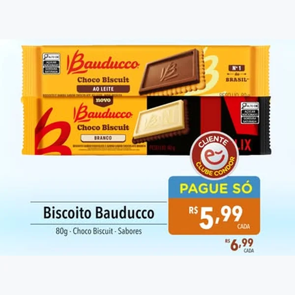 Recorte do encarte de Biscoito Choco Biscuit Branco Bauducco 80 g