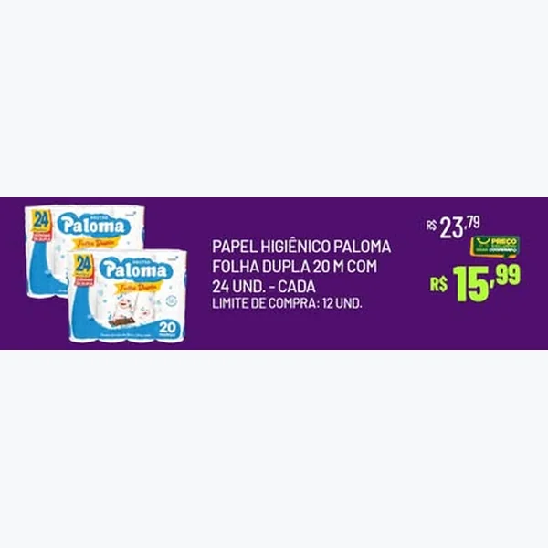 Papel Higiênico Folha Dupla Paloma 24 un × 20 un