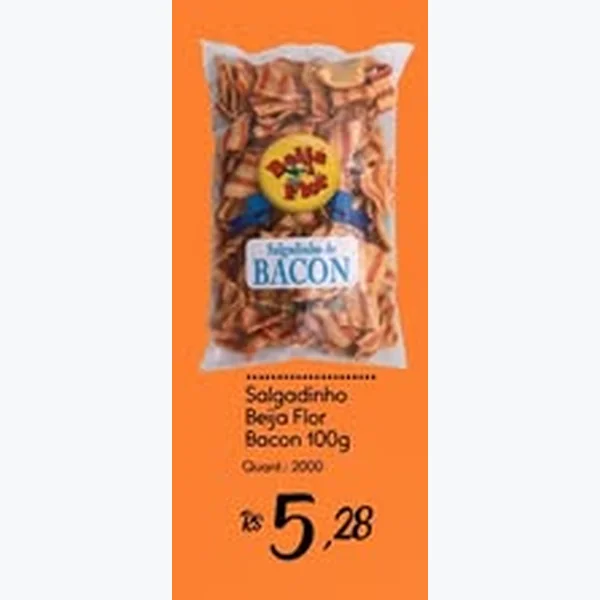 Recorte do encarte de Salgadinho Bacon Beija Flor 100 g