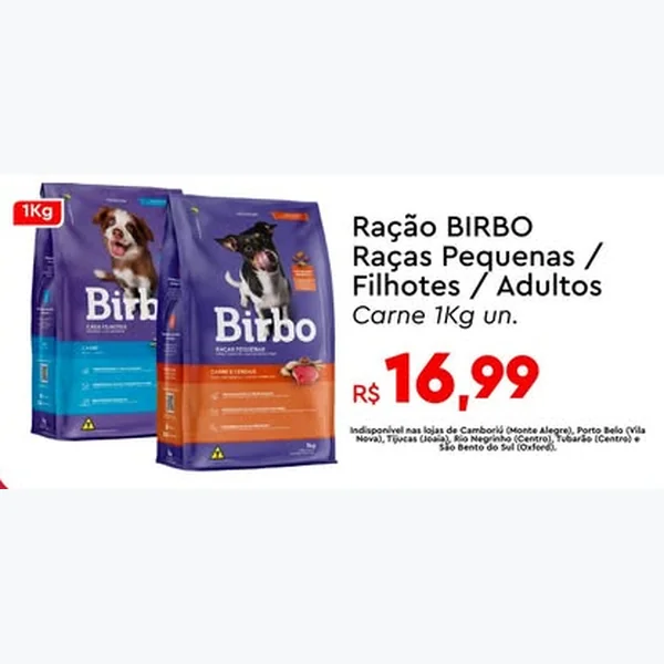 Recorte do encarte de Ração Raças Pequenas / Filhotes / Adultos Carne Birbo
