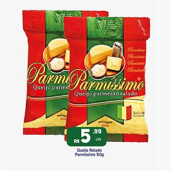 Recorte do encarte de Queijo Parmesão Ralado Parmíssimo 50 g