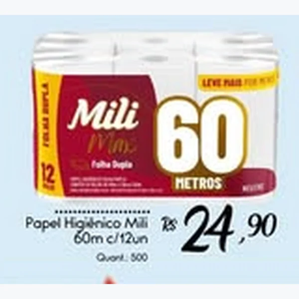 Recorte do encarte de Papel Higiênico Mili 12 un × 60 un