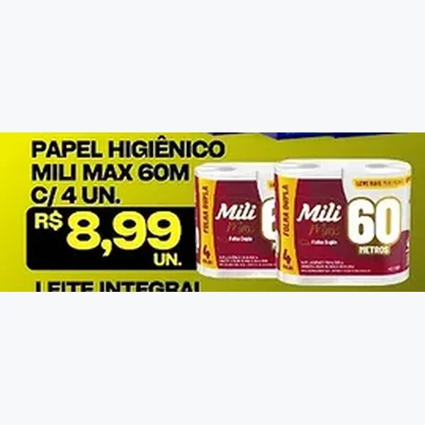 Recorte do encarte de Papel Higiênico Mili 4 un × 60 un