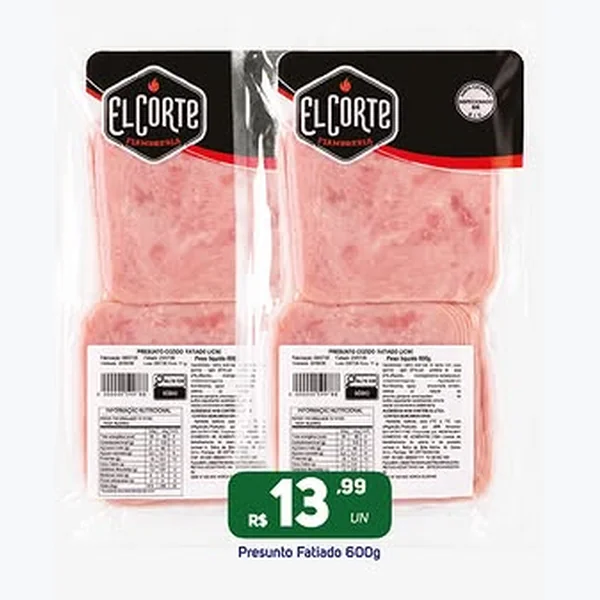 Recorte do encarte de Presunto Cozido Fatiado El Corte 600 g