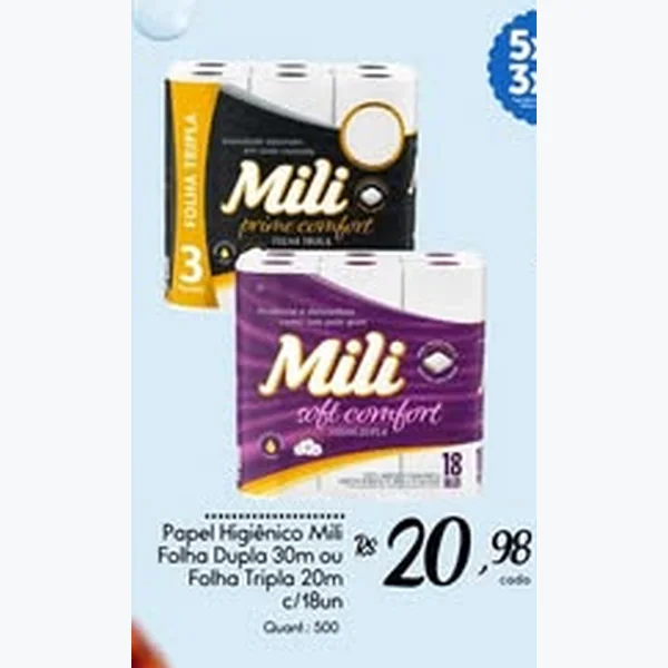 Recorte do encarte de Papel Higiênico Folha Dupla Mili 18 un × 30 un