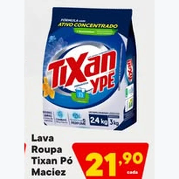 Recorte do encarte de Lava Roupa em Pó Maciez Tixan Ypê 2,4 kg