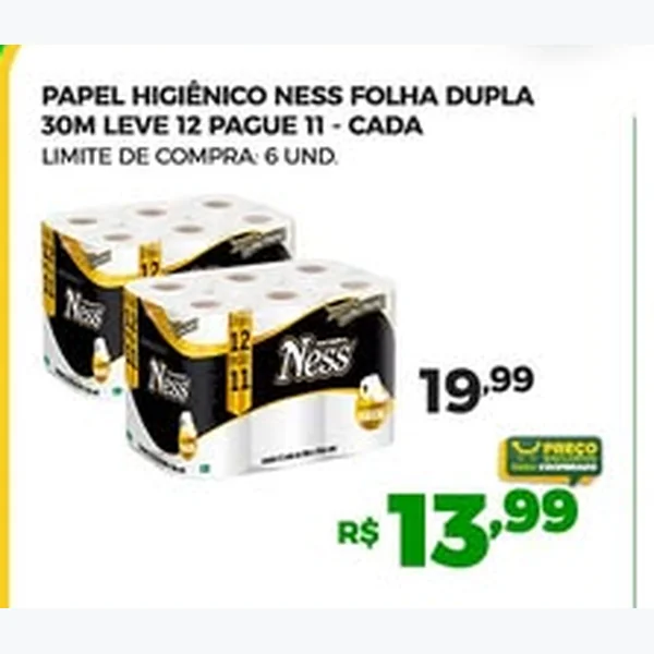 Recorte do encarte de Papel Higiênico Folha Dupla Ness 12 un × 30 un