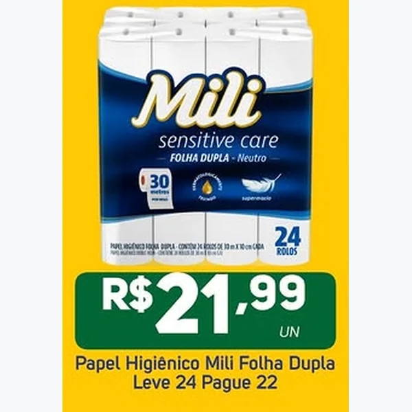 Recorte do encarte de Papel Higiênico Folha Dupla Mili 24 un