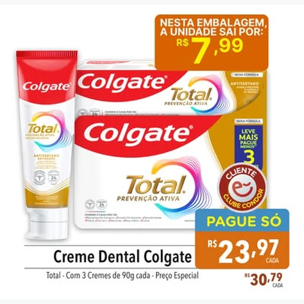 Recorte do encarte de Creme Dental Total Colgate 3 un × 90 g