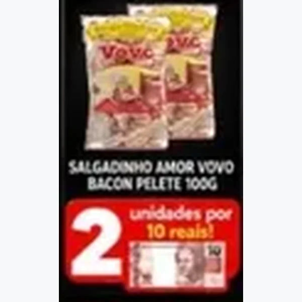 Recorte do encarte de Salgadinho Amor Vovo Bacon Pelete 100 g