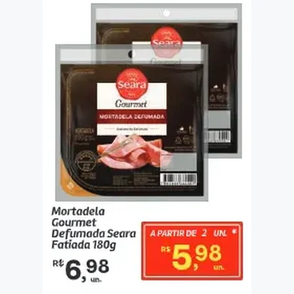 Recorte do encarte de Mortadela Gourmet Defumada Fatiada Seara Gourmet 180 g