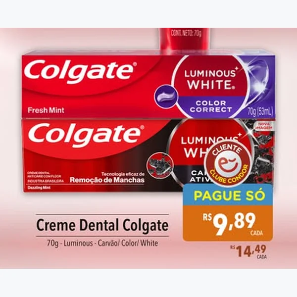 Recorte do encarte de Creme Dental Luminous White Carvão Colgate 70 g