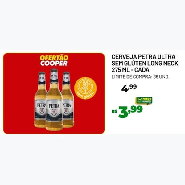 Recorte do encarte de Cerveja Ultra sem Glúten Long Neck Petra 275 ml