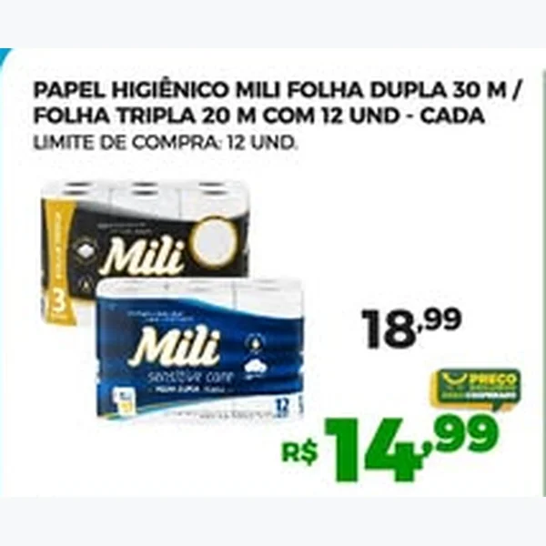 Recorte do encarte de Papel Higiênico Folha Dupla Mili 12 un × 30 un