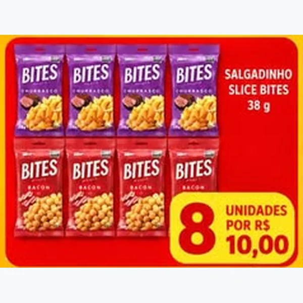 Recorte do encarte de Salgadinho Slice Churrasco Bites 38 g
