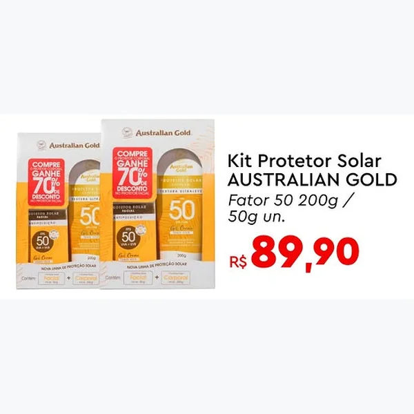 Recorte do encarte de Kit Protetor Solar Fator 50 Australian Gold 250 g