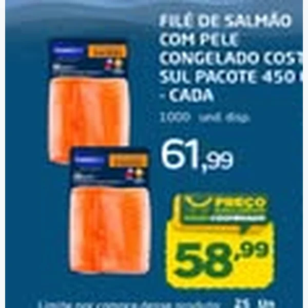 Recorte do encarte de Filé de Salmão com Pele Congelado Costa Sul 450 g