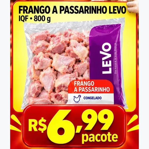 Recorte do encarte de Frango a Passarinho Congelado Iqf Levo 800 g