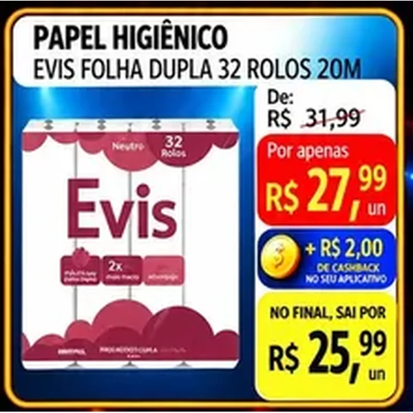 Papel Higiênico Folha Dupla Evis 32 un × 20 un