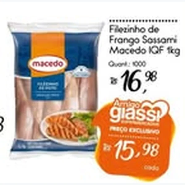 Recorte do encarte de Filézinho de Frango Sassami Iqf Macedo