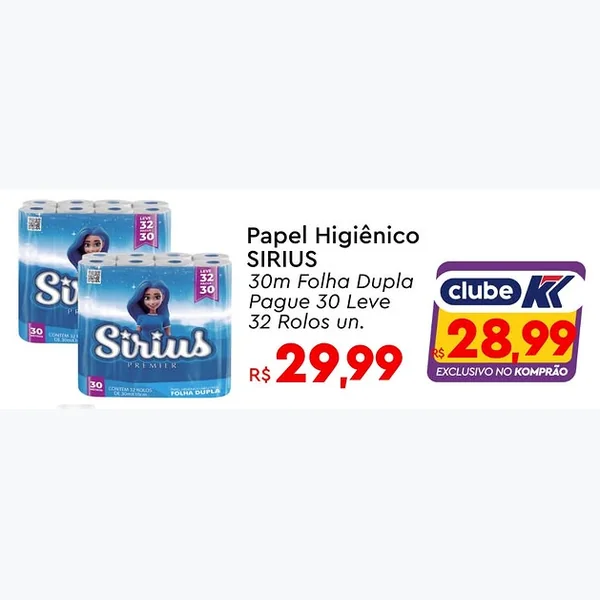 Recorte do encarte de Papel Higiênico Folha Dupla SIRIUS 32 un × 30 un