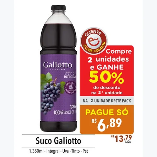 Recorte do encarte de Suco de Uva Integral Tinto Galiotto 1,35 L
