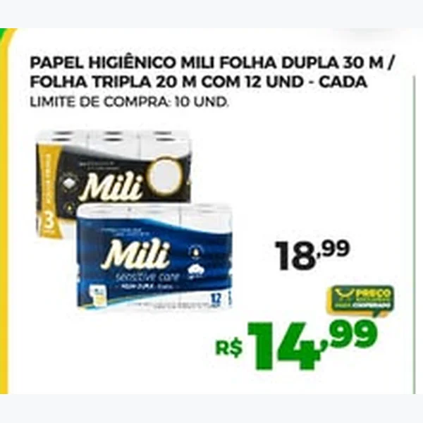 Papel Higiênico Folha Dupla Mili 12 un × 30 un