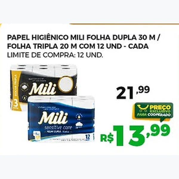 Papel Higiênico Folha Tripla Mili 12 un × 20 un