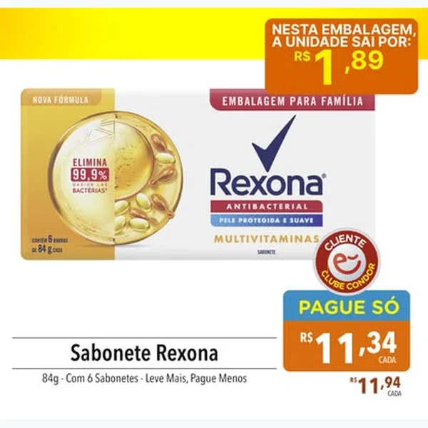 Recorte do encarte de Sabonete Antibacterial Multivitaminas Rexona 6 un × 84 g