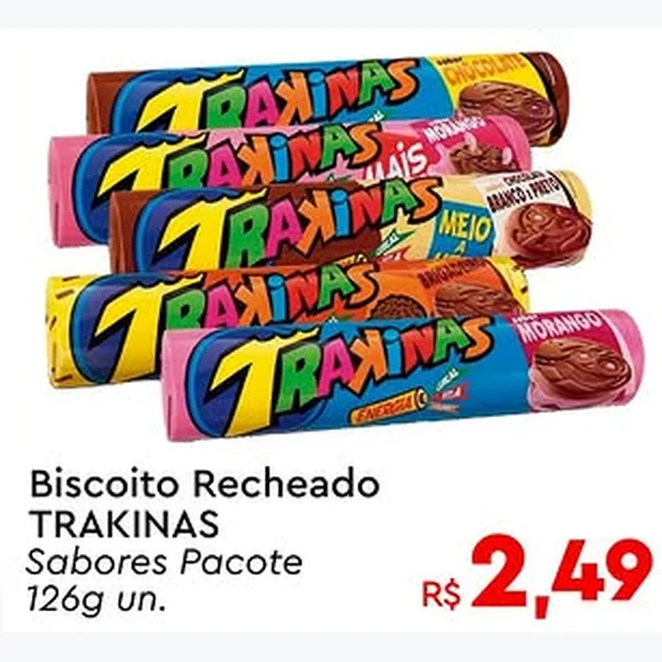 Recorte do encarte de Biscoito Recheado Trakinas 126 g